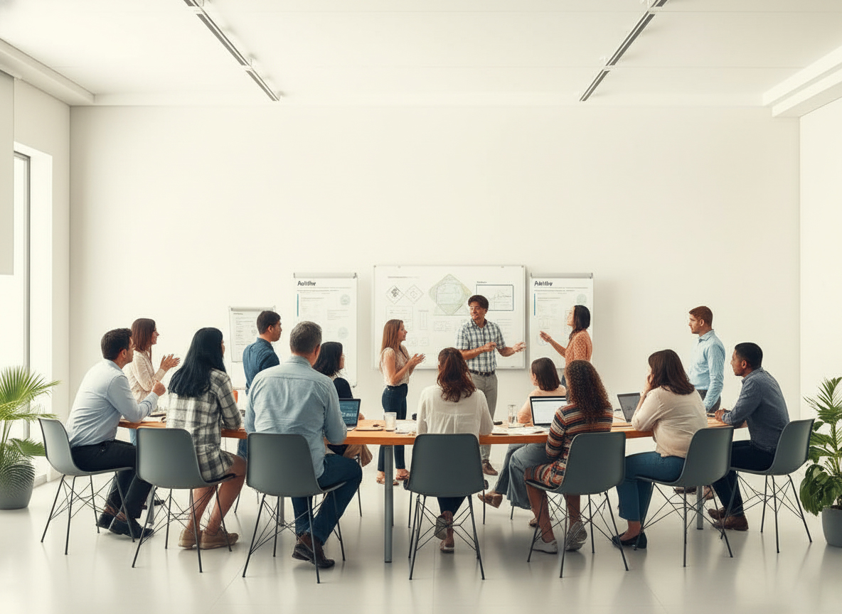 A serene academic setting with a diverse group of researchers